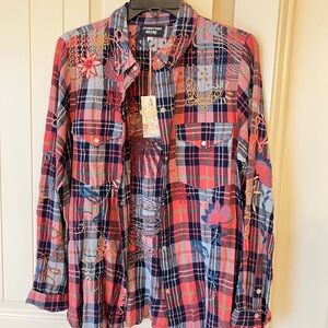 Johnny Was Vibrant Embroidered Plaid Shirt NWT